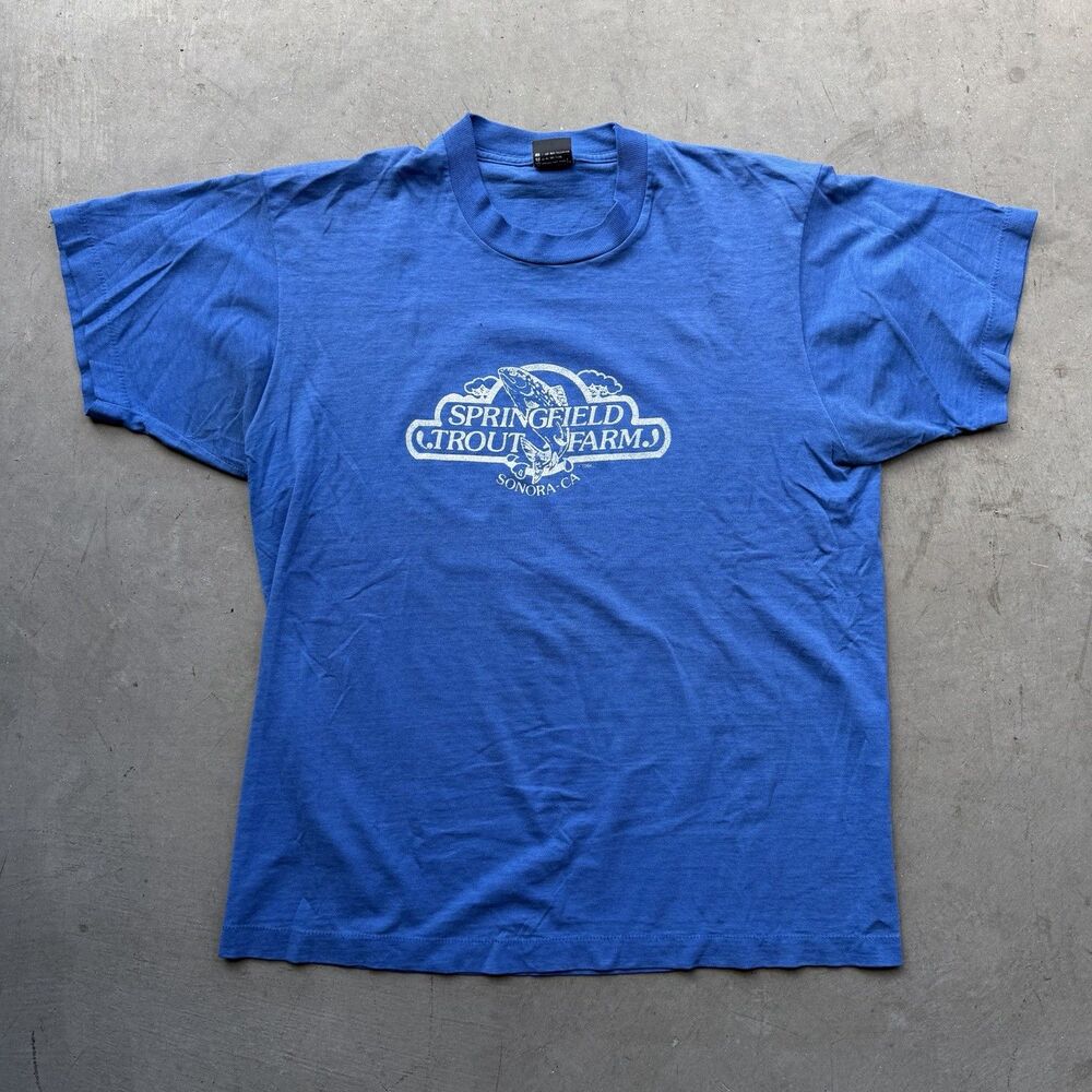 Vintage 80s Mens XL Springfield Trout Farm Logo Graphic Shirt USA Made Blue